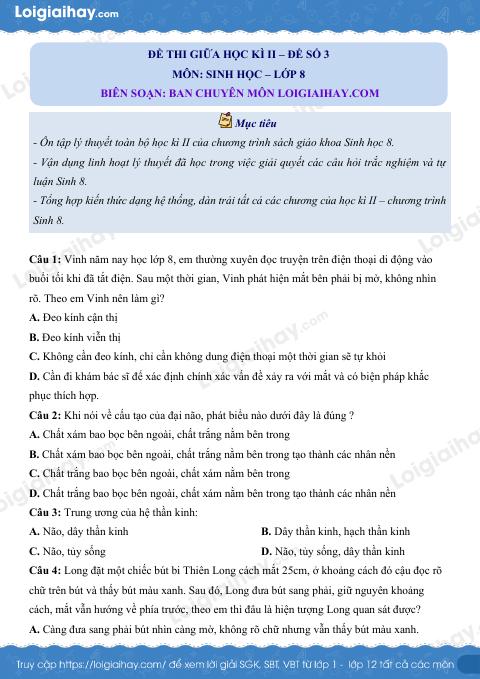 Đề kiểm tra giữa kì 2 Sinh 8 - Đề số 3 có lời giải chi tiết